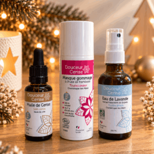 Coffret cadeau de Noël Douceur Cerise avec huile de cerise, masque-gommage et eau florale de lavande